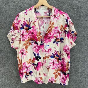 Lovestitch Blouse Women M Medium White Floral V-Neck Short Sleeve Rayon Casual